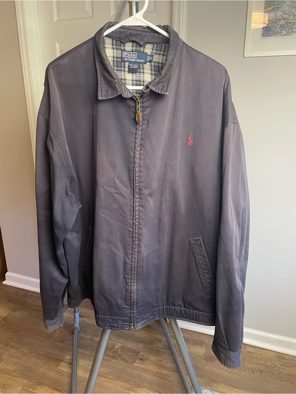 Vintage Ralph Lauren Men's Dark Navy Zip-Front Bomber Jacket with Interior Plaid